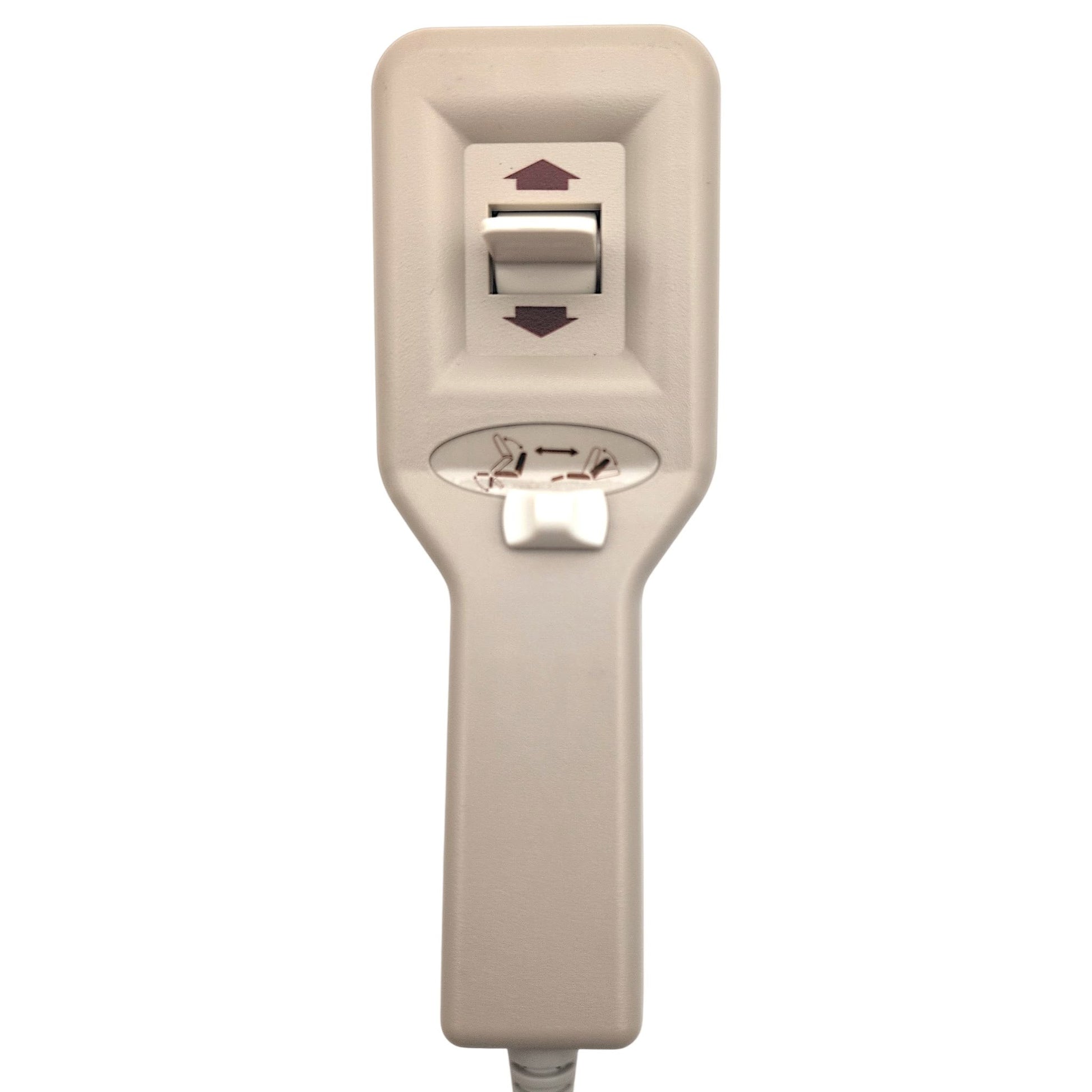 front view closeup of the remote hand control with two switches