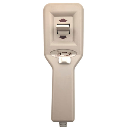 front view closeup of the remote hand control with two switches