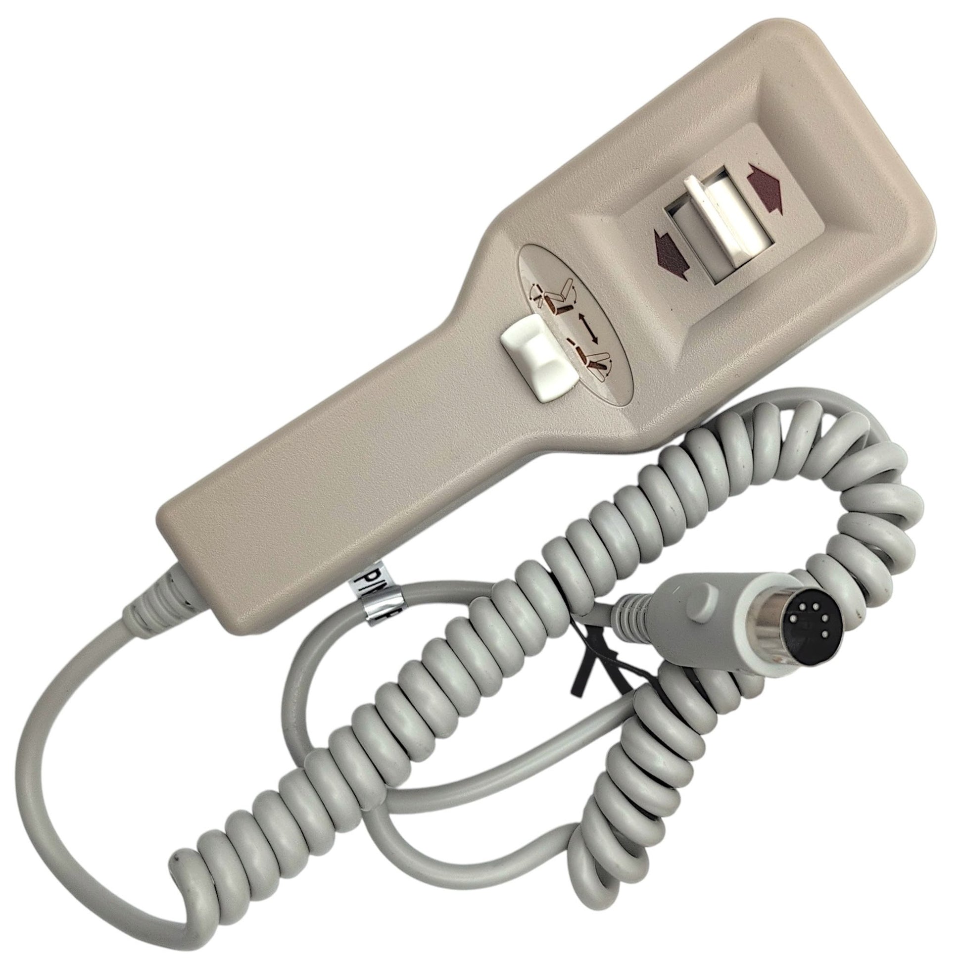 front view of remote hand control with cord wound up and 5-pin connector (all five pins in vew).