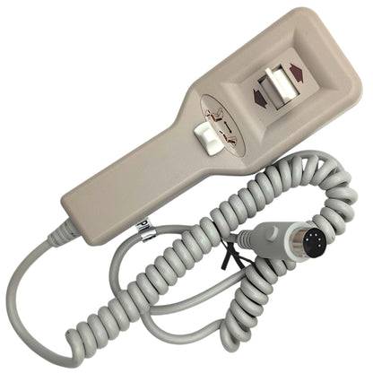 front view of remote hand control with cord wound up and 5-pin connector (all five pins in vew).