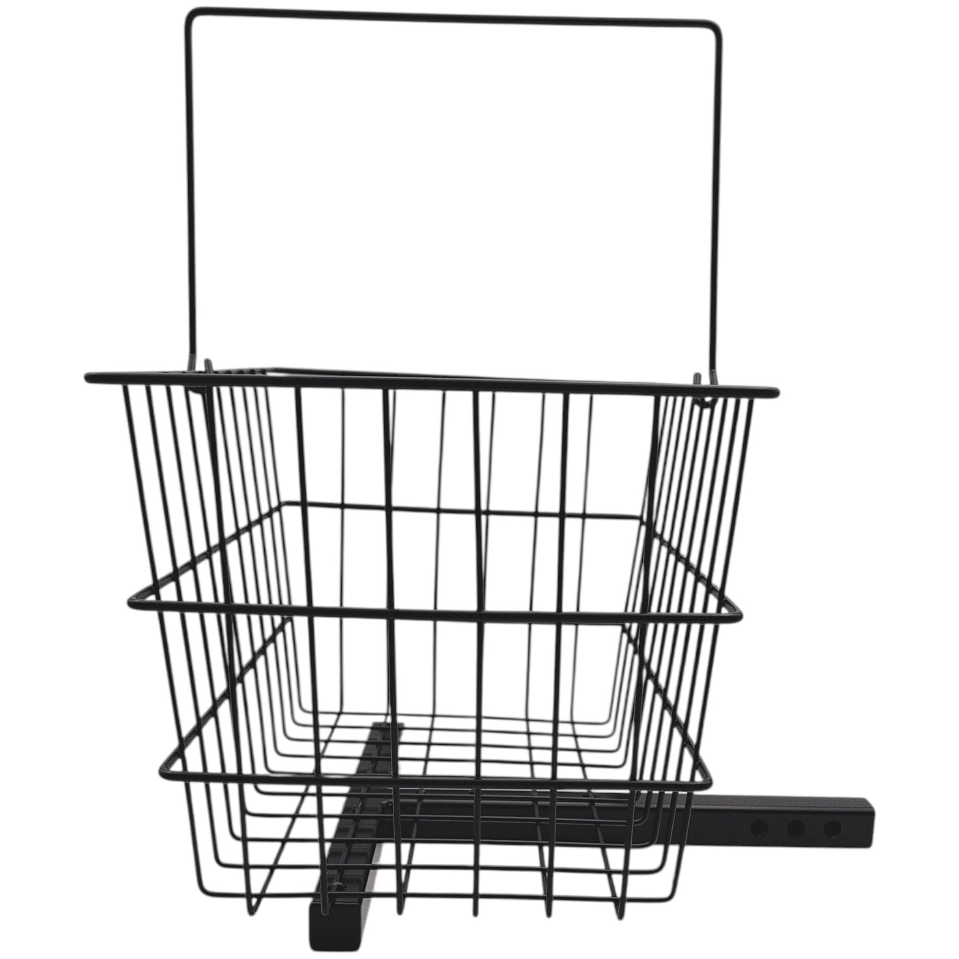 right side view of the basket, showing the three holes for the hitch pin, the square bracket and the handle is inthe upward position
