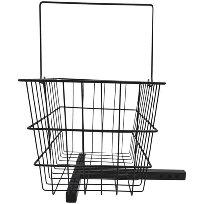 right side view of the basket, showing the three holes for the hitch pin, the square bracket and the handle is inthe upward position