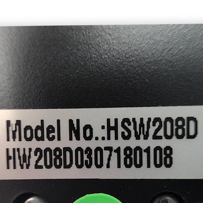 Product label showing model number hsw208D and the serial number starting with HW
