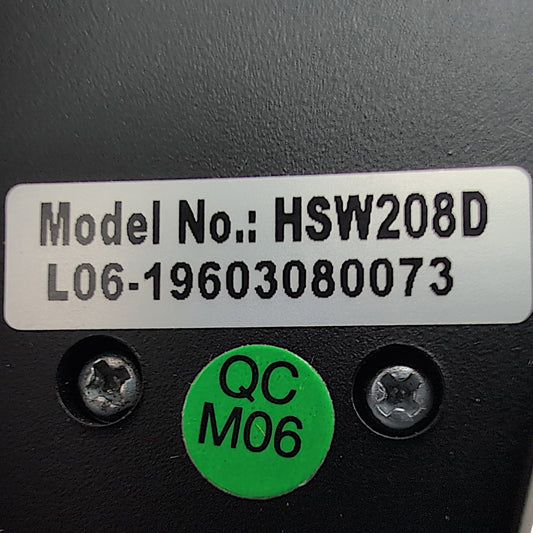 closeup of product label showing model number hsw208d and the serial number stating with L06