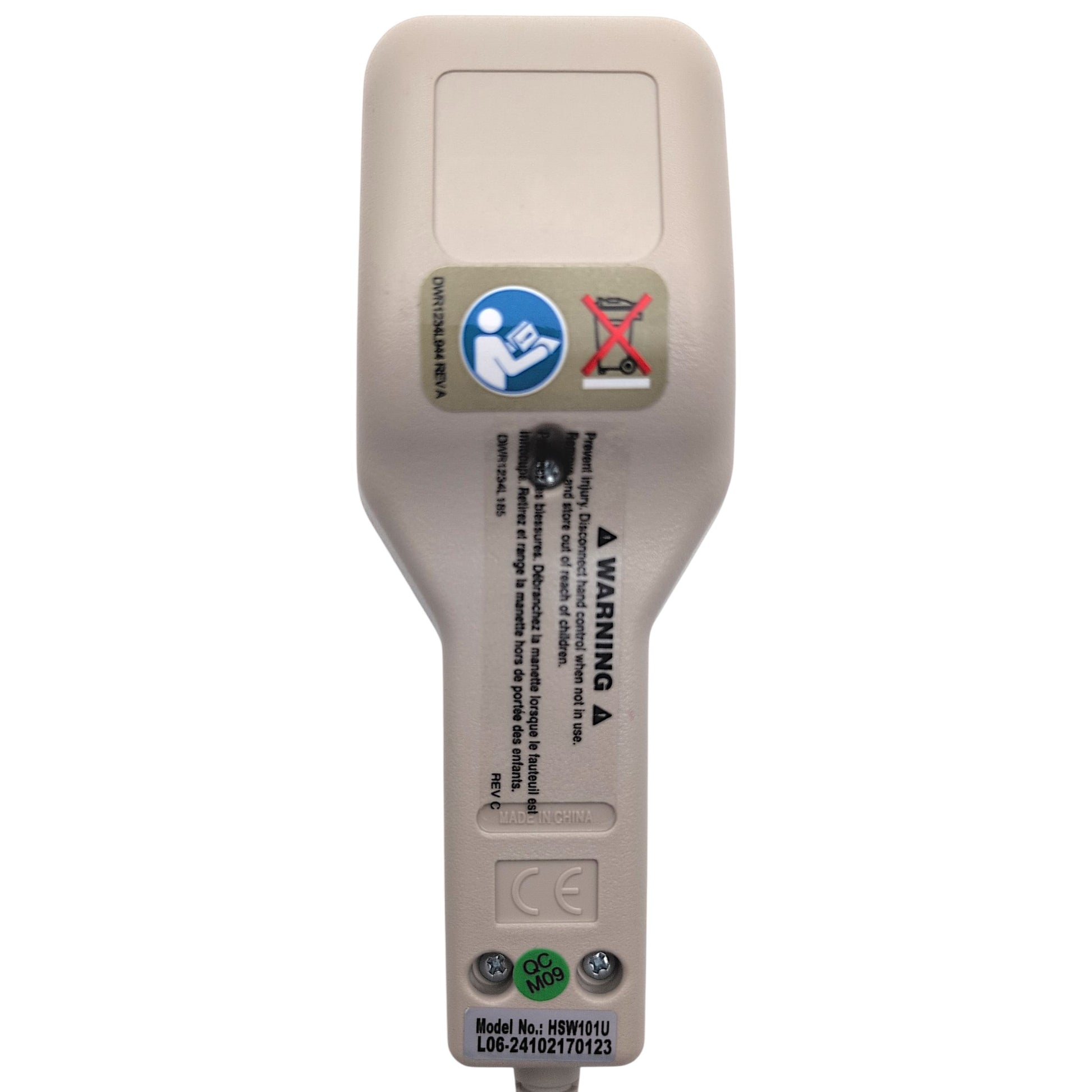 back of remote hand control. Product label stating, Model Number: HSW101U