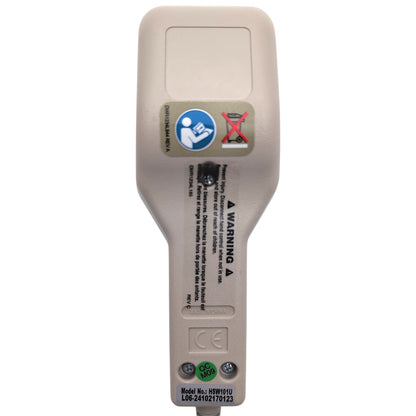 back of remote hand control. Product label stating, Model Number: HSW101U