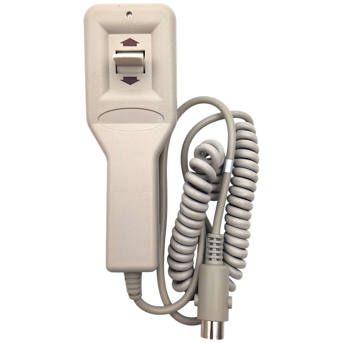 front of remote hand control, has 1 switch, and the cord is wound up with 5-pin connector
