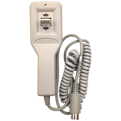 front of remote hand control, has 1 switch, and the cord is wound up with 5-pin connector
