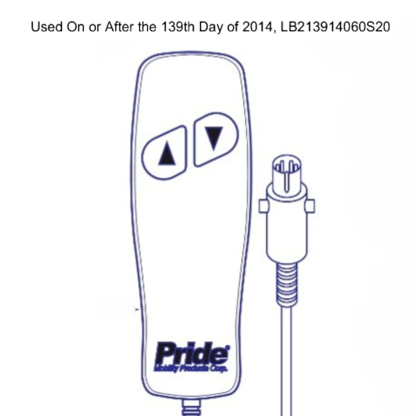 Diagram from pride mobility showing that this remote is Used On Models Of The LC-105 On and After Monday, May 19, 2014 (139th day of 2014), With Serial Numbers Lb213914060s20 and Earlier.