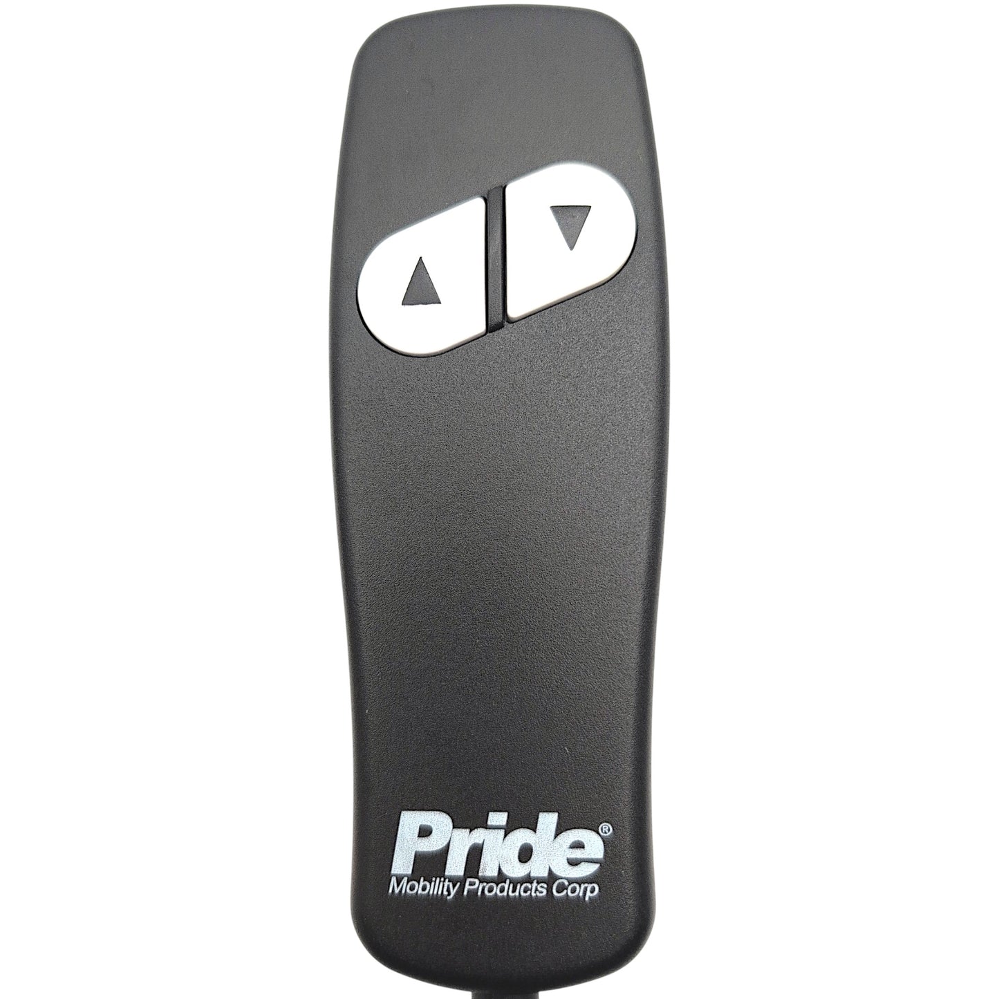 Front view of remote / hand control. Has "Pride Mobility Products Corp" written on front in white font. Has 2 White buttons with black arrows, one up and one down.