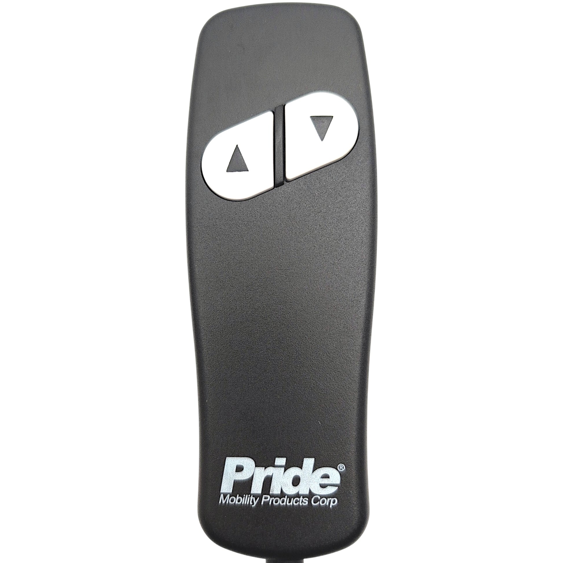 Front view of remote / hand control. Has "Pride Mobility Products Corp" written on front in white font. Has 2 White buttons with black arrows, one up and one down.