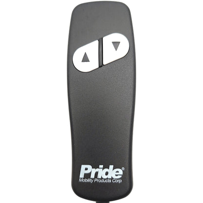 Front view of remote / hand control. Has "Pride Mobility Products Corp" written on front in white font. Has 2 White buttons with black arrows, one up and one down.