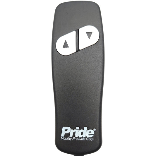 Front view of remote / hand control. Has "Pride Mobility Products Corp" written on front in white font. Has 2 White buttons with black arrows, one up and one down.