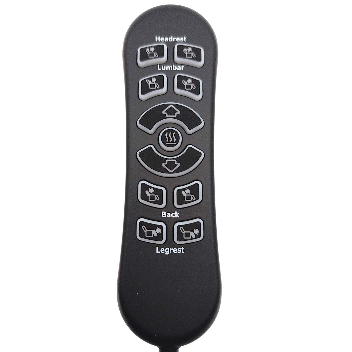 Main Featured Image of HSW311 11-Button remote hand control. Text & Illustrations are used to show the functions for, Headrest, Lumbar, Up/Down, Heat, Back, Legrest.