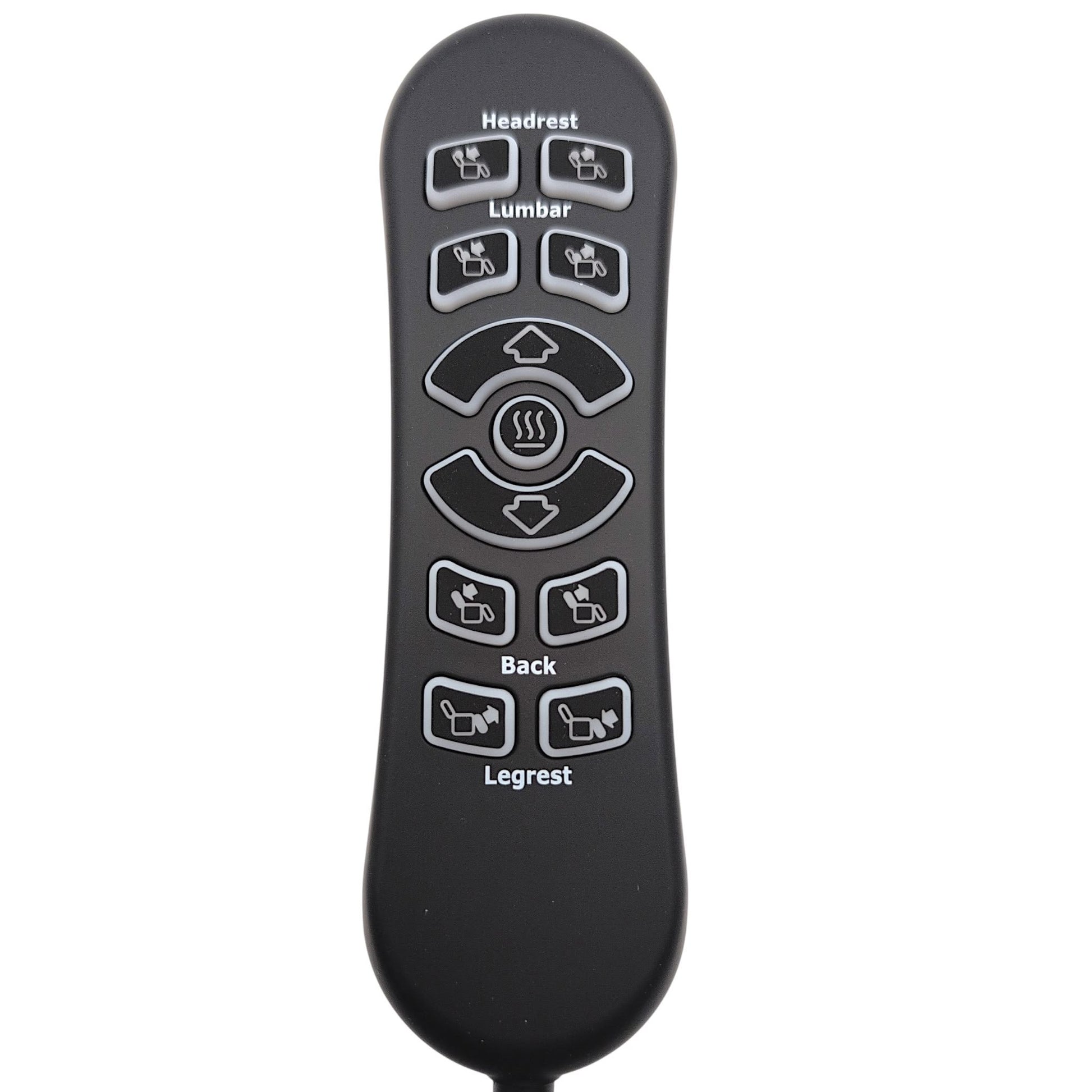 Main Featured Image of HSW311 11-Button remote hand control. Text & Illustrations are used to show the functions for, Headrest, Lumbar, Up/Down, Heat, Back, Legrest.