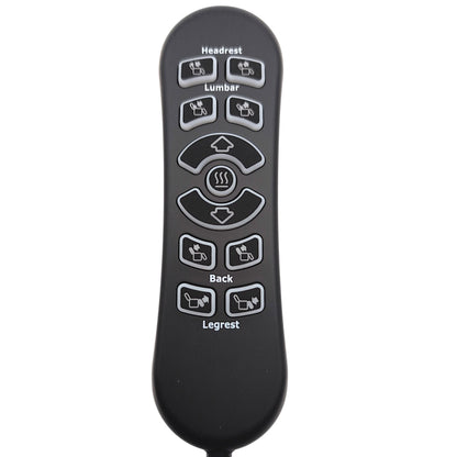 Main Featured Image of HSW311 11-Button remote hand control. Text & Illustrations are used to show the functions for, Headrest, Lumbar, Up/Down, Heat, Back, Legrest.