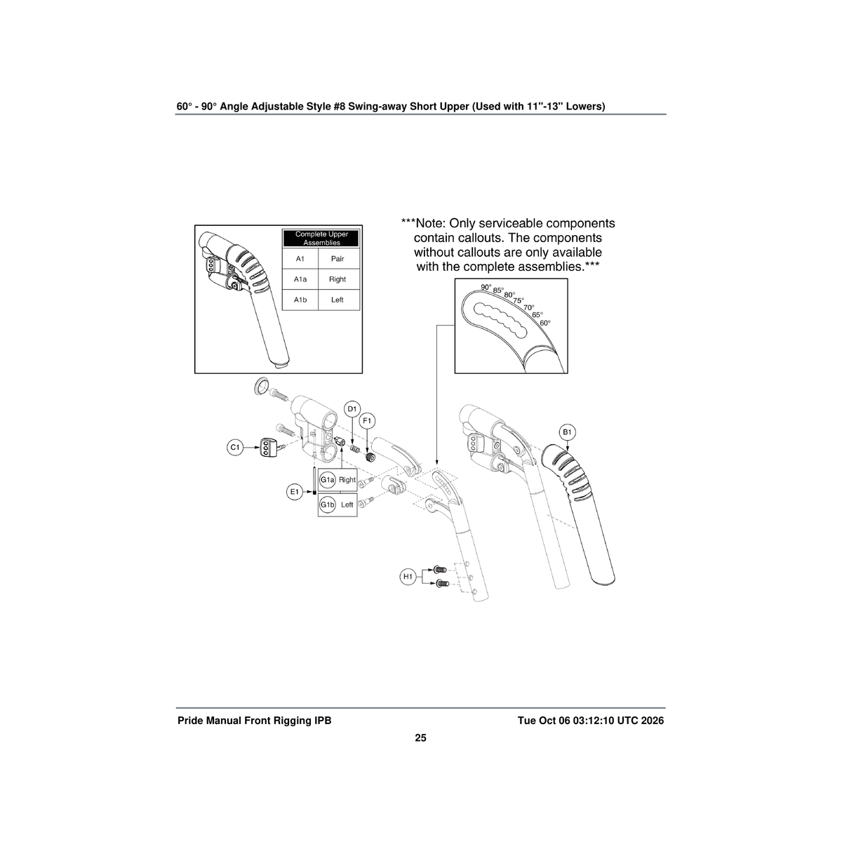 Pride Mobility RIG132607 upper legrest assembly 60a°-90a° s/a short left parts diagram