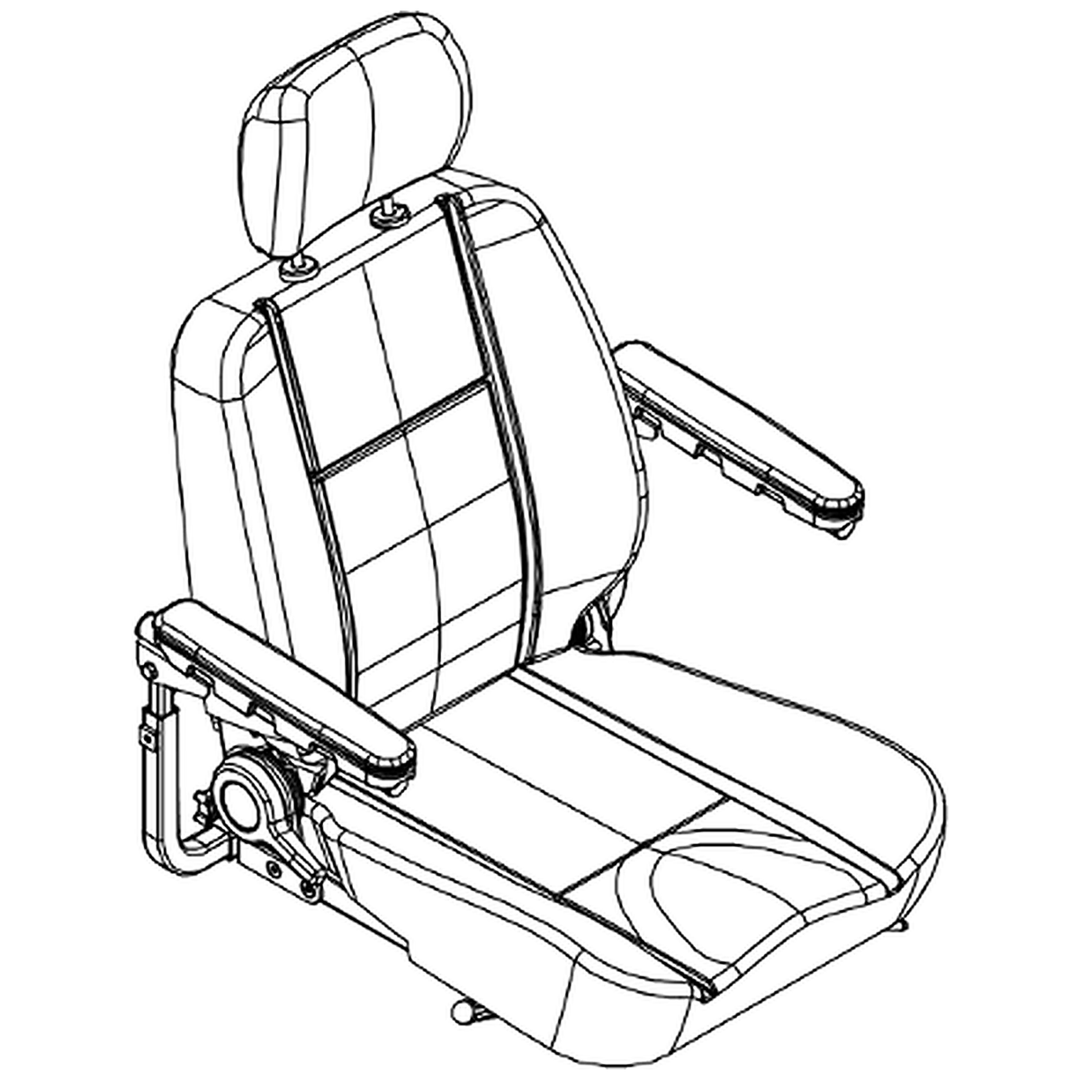 Pride Mobility (SET147133), 18 inch by 18 inch CRS 13 high-back black vinyl seat assembly with labeled headrest, armrests, knobs, pins, seat plate and lever.