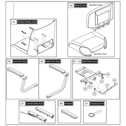 Pride Mobility (SET151299), Pride parts diagram of the black vinyl molded plastic seat with seat frame and limited sliders, items A1 through E1.