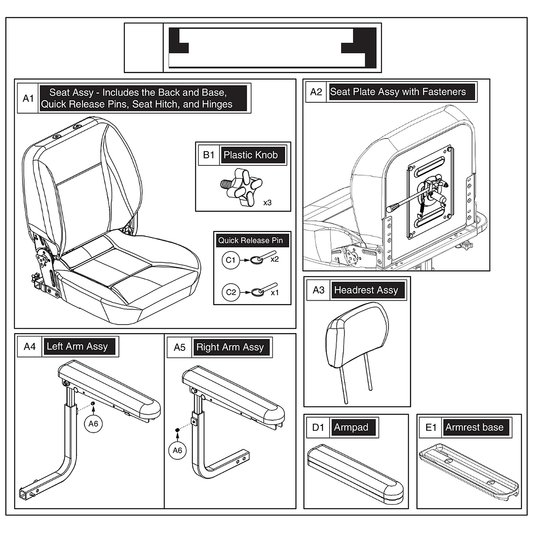 Pride Mobility (SET151622), Pride parts diagram of the black vinyl CRS 22 hi-back seat with headrest, seat frame and arms, items A1 through E1.