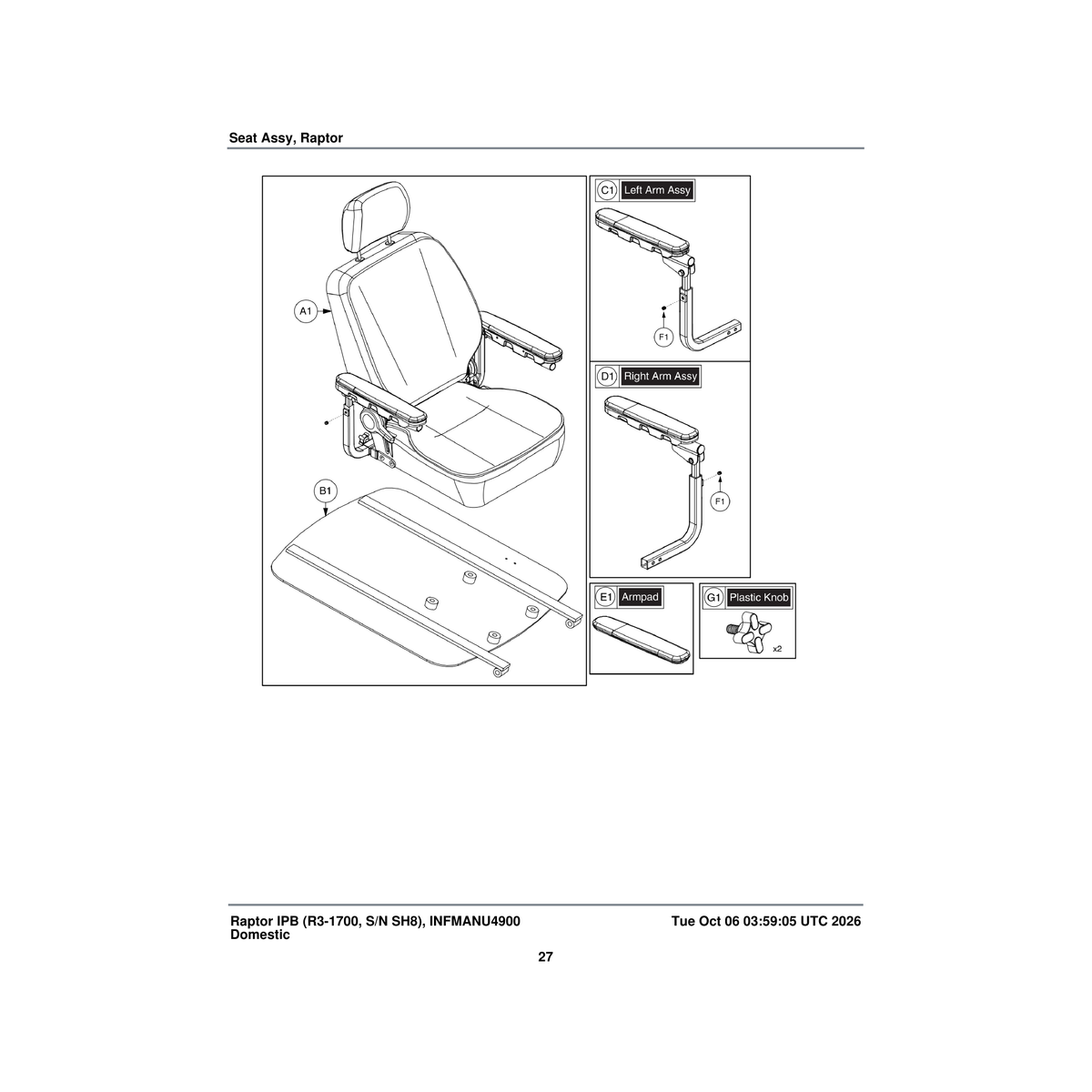 Pride Mobility SET1702569 limited recline 20x18 100 degree with arms seat assembly parts diagram