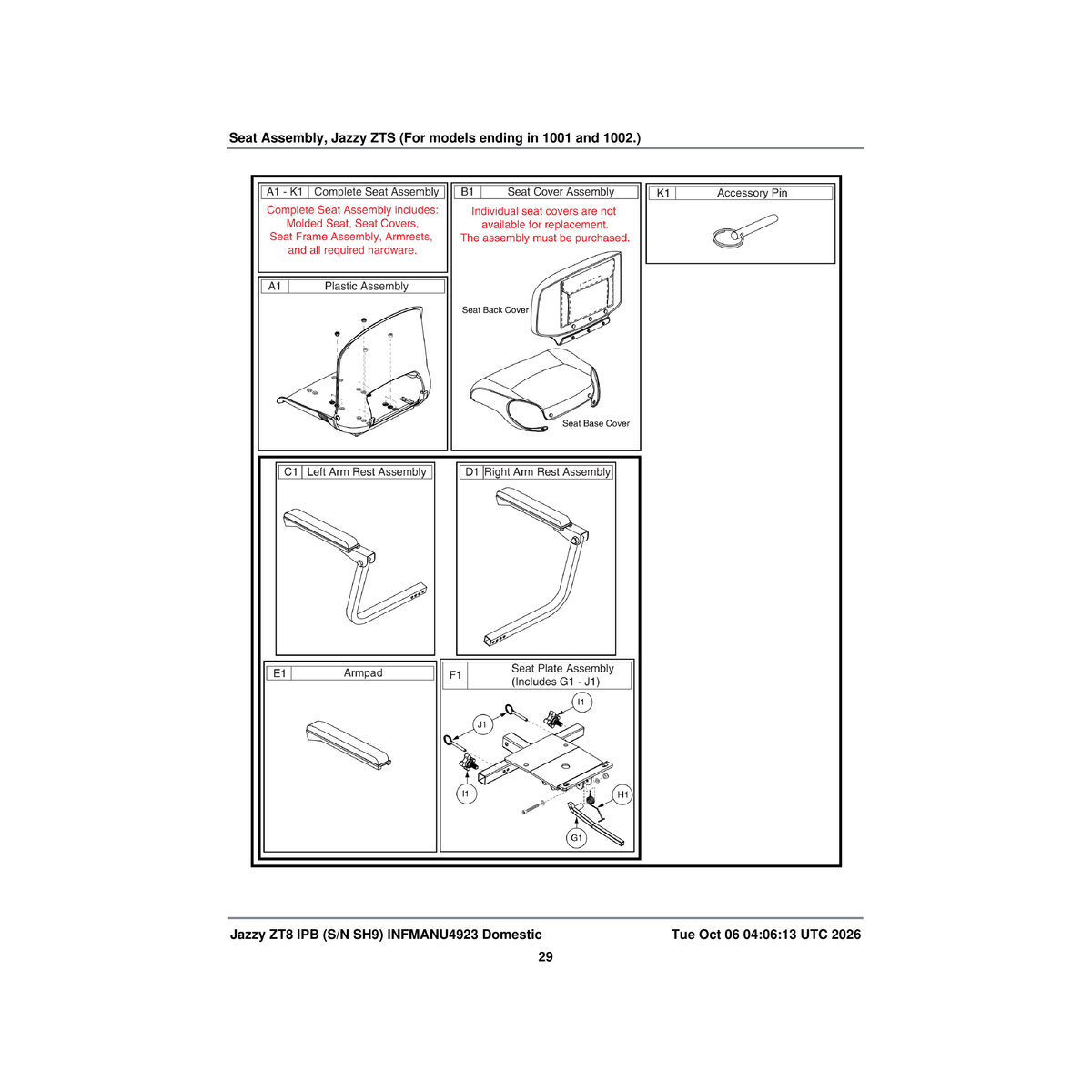 Pride Mobility SET1705311 molded plastic seat assembly black vinyl 17 inch w 17 inch d parts diagram