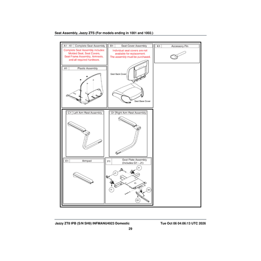 Pride Mobility SET1705311 molded plastic seat assembly black vinyl 17 inch w 17 inch d parts diagram
