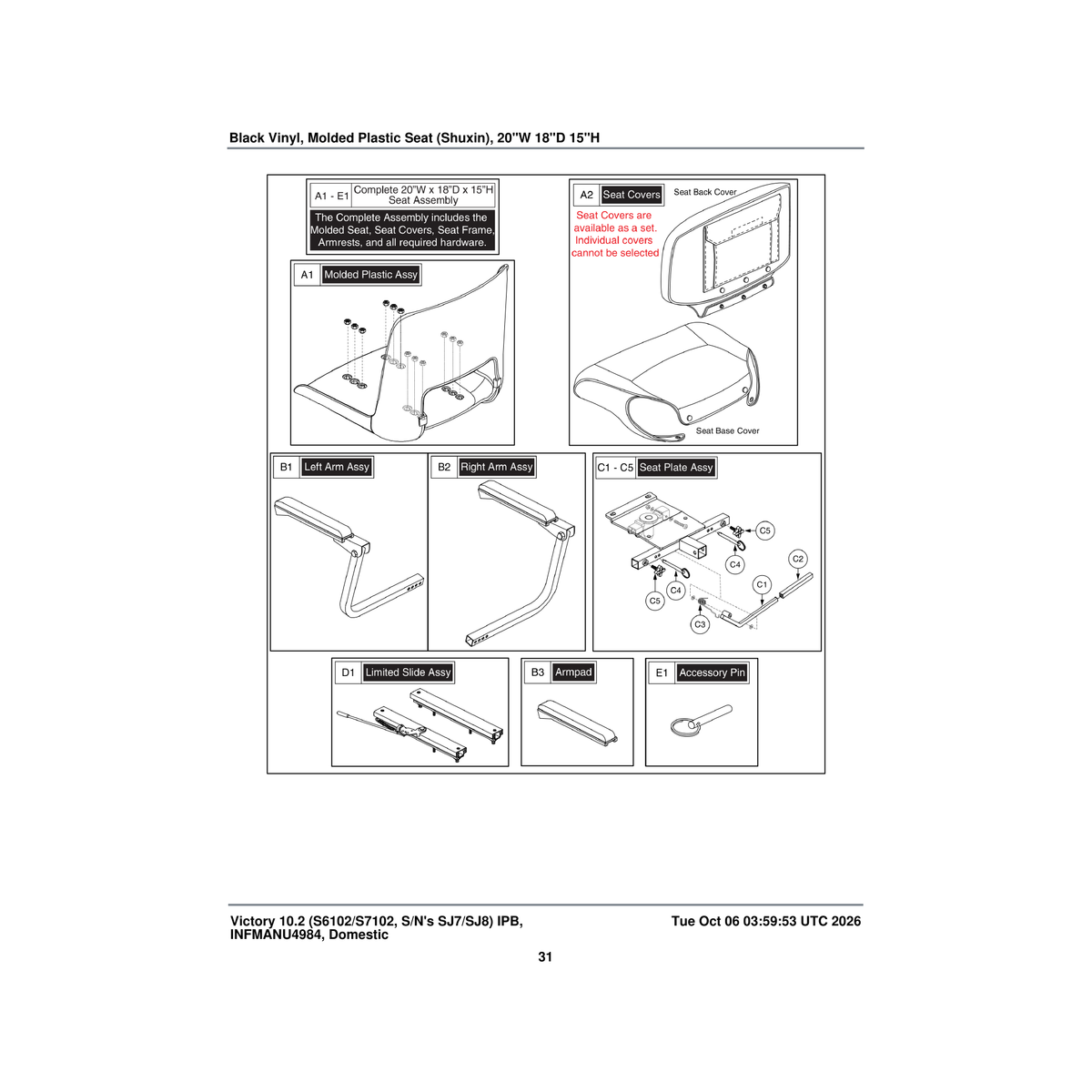 Pride Mobility SET1800797 19 inch w plastic assembly 18 inch d molded plastic seat back/seat base parts diagram