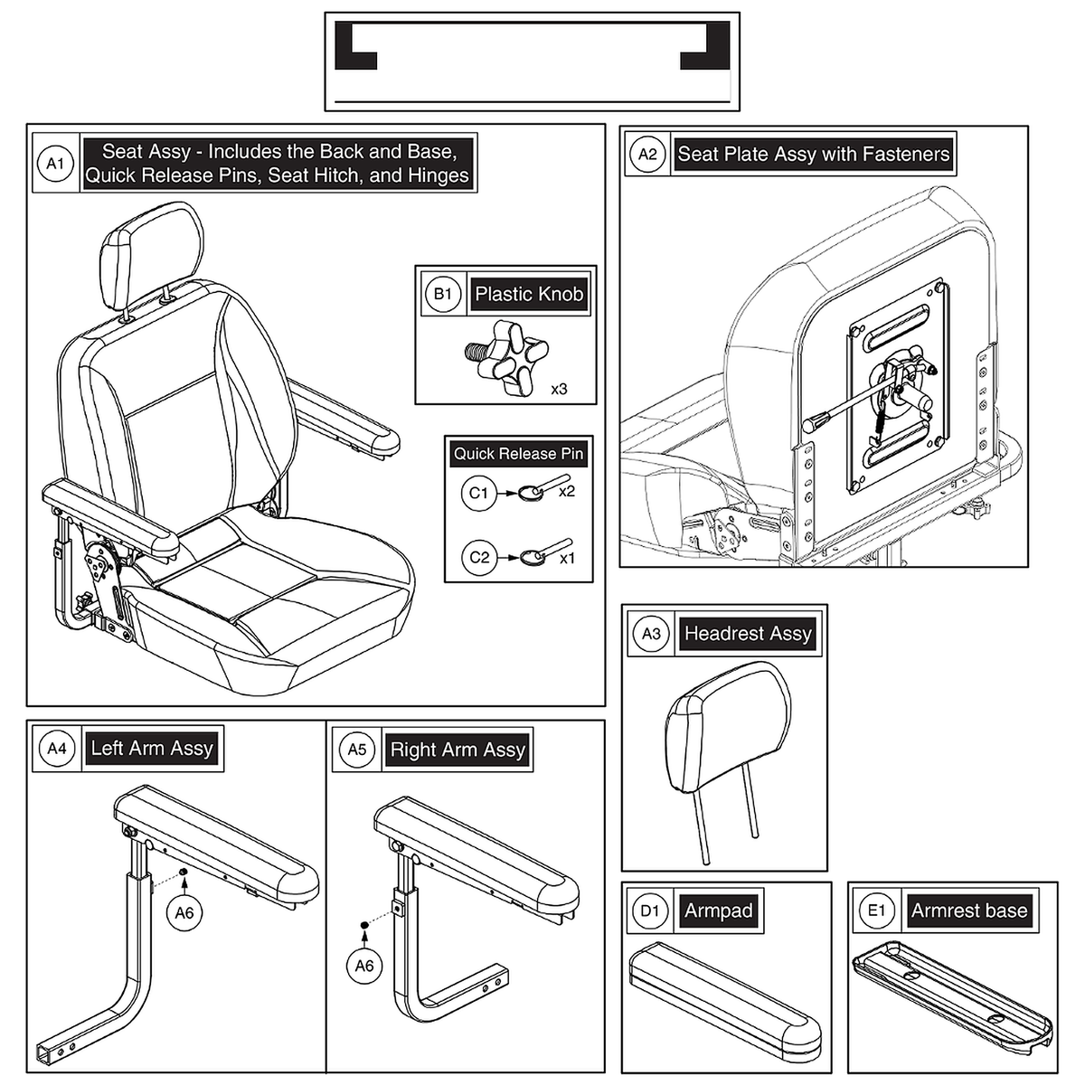 Pride Mobility (SET1800951), Pride parts diagram of the black vinyl CRS 20 hi-back seat, items A1 through E1.