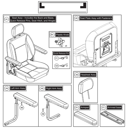 Pride Mobility (SET1800951), Pride parts diagram of the black vinyl CRS 20 hi-back seat, items A1 through E1.