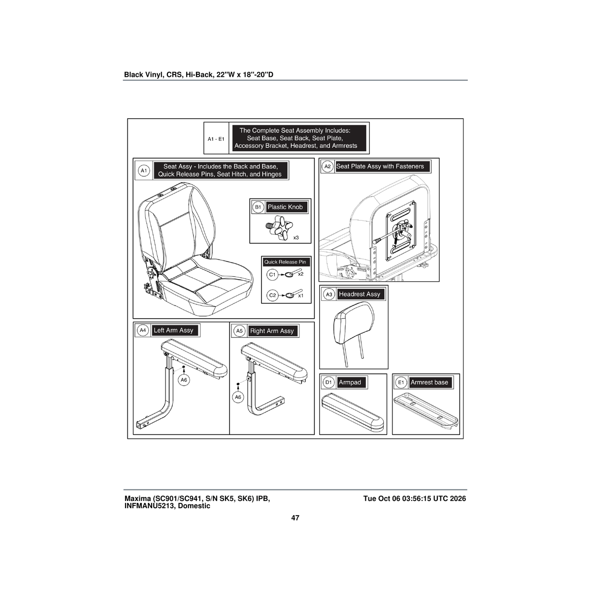 Pride Mobility SET2006735 seat hi-back black vinyl 22 inch w x 18 inch -20 inch d parts diagram