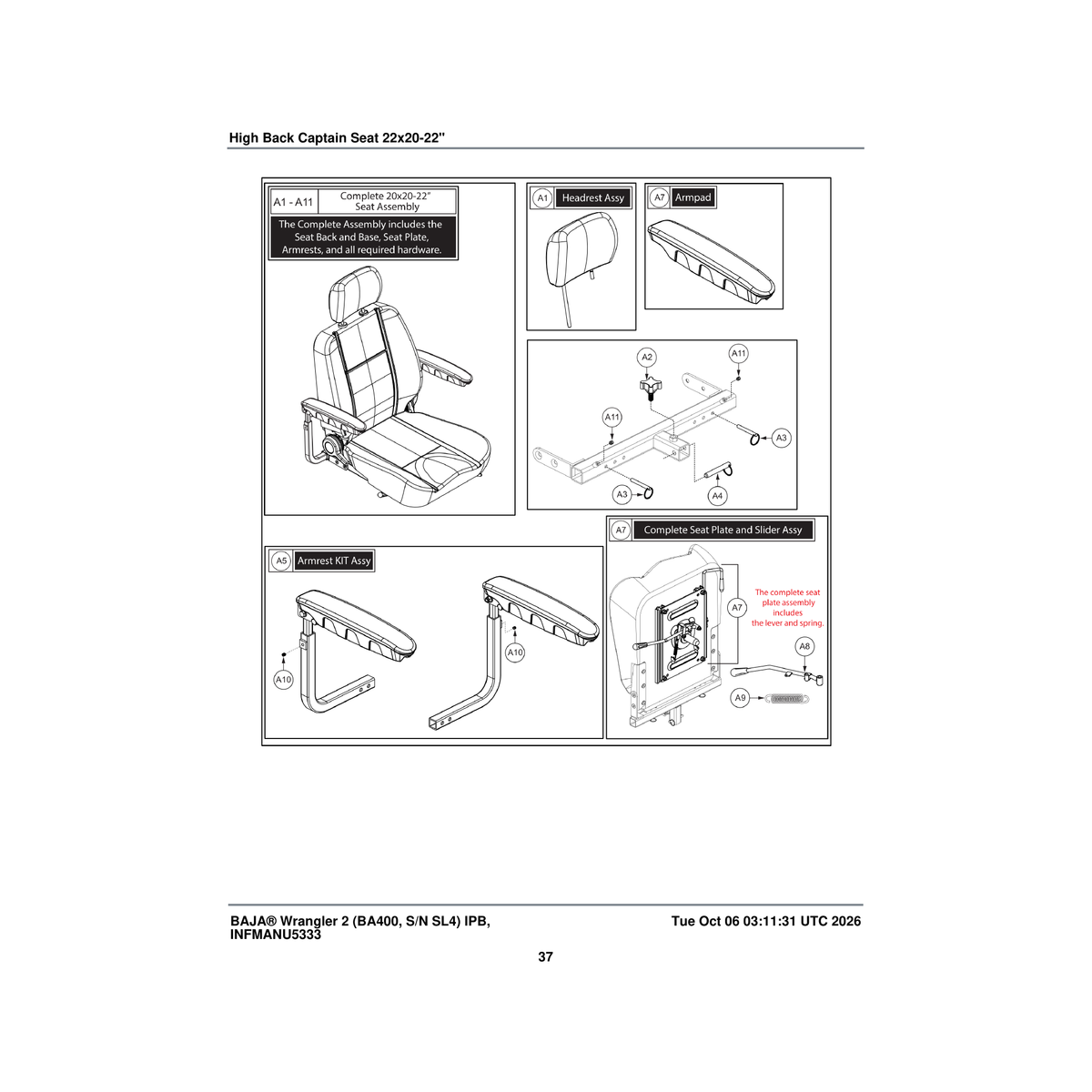 Pride Mobility SET2200246 high back captain seat 105a° ultra comfort seat assembly 22x20-22 inch with o logo parts diagram
