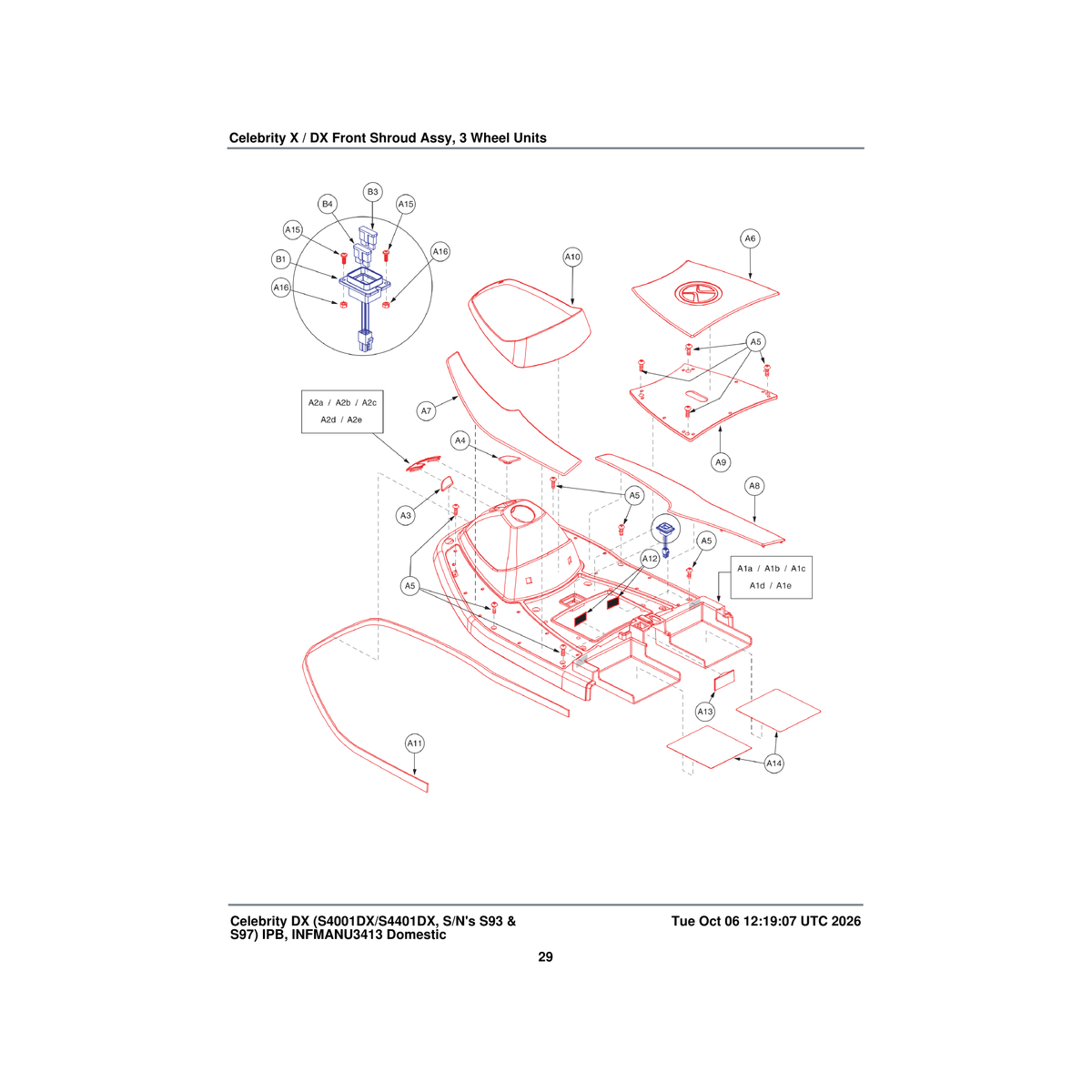 Pride Mobility SHDASMB4666 front body shroud assembly candy apple red with x logo parts diagram