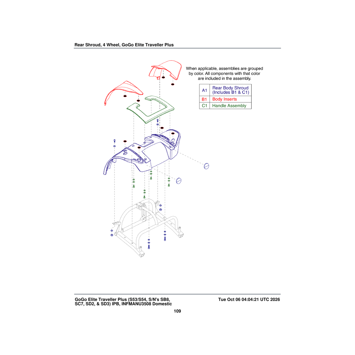 Pride Mobility SHDASMB4814 rear body shroud assembly black red inserts parts diagram
