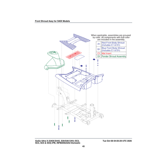 Pride Mobility SHDASMB4818 front body shroud assembly red parts diagram