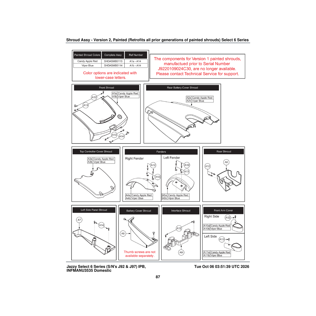 Pride Mobility SHDASMB5113 candy apple red shroud assembly jazzyselect6 parts diagram