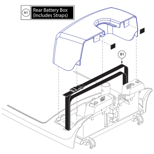 Pride Mobility (SHDASMB5252), Pride parts diagram of the black battery box shroud assembly, item A1, and its 100 inch battery strap, item B1.