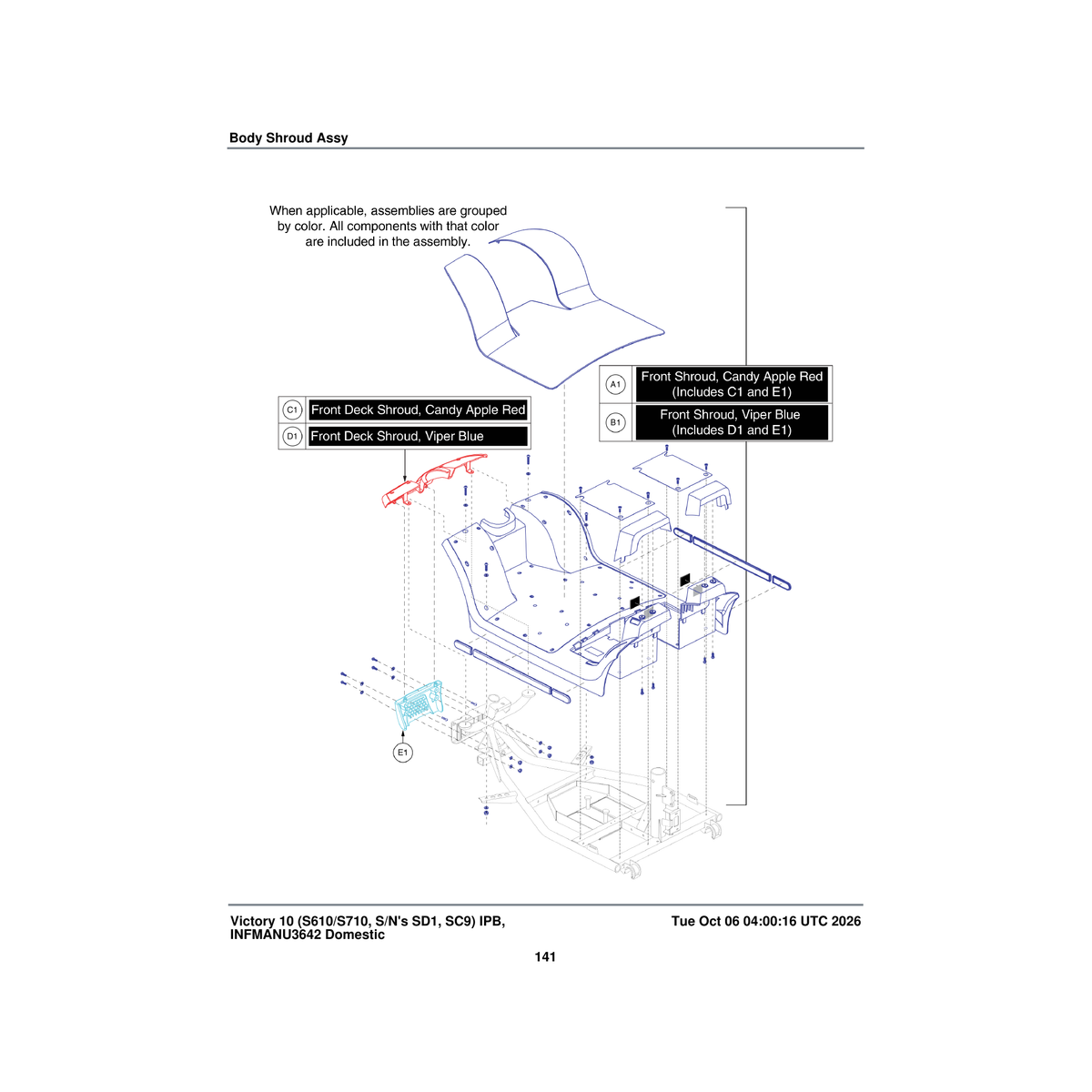 Pride Mobility SHDASMB5256 front body shroud assembly viper blue with black floor mat & accent pieces parts diagram