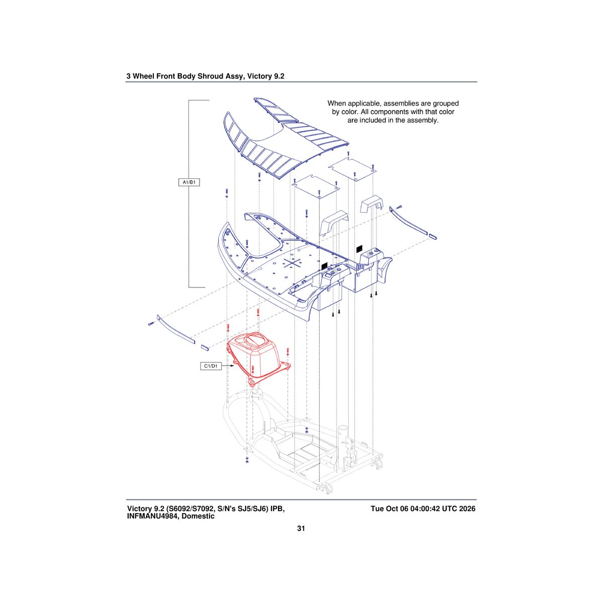 Pride Mobility SHDASMB5309 front body shroud assembly candy apple red 3 wheel parts diagram