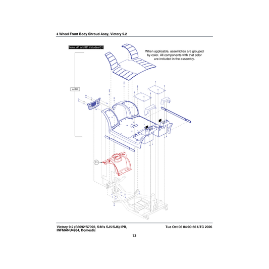 Pride Mobility SHDASMB5340 front body shroud assembly candy apple red with black floor mat & accent pieces parts diagram