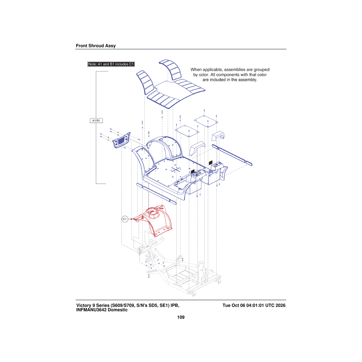 Pride Mobility SHDASMB5345 front body shroud assembly viper blue with black floor mat & accent pieces parts diagram
