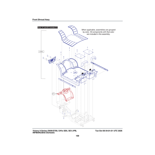 Pride Mobility SHDASMB5345 front body shroud assembly viper blue with black floor mat & accent pieces parts diagram