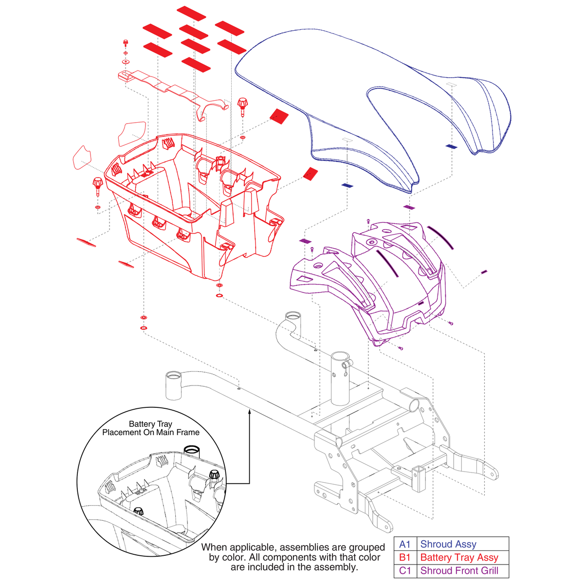 Pride Mobility SHDASMB5900 front grill shroud assembly titanium parts diagram