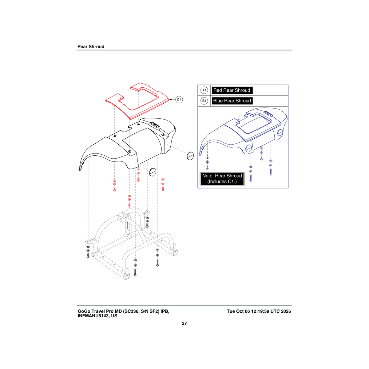 Pride Mobility SHDASMB6022 rear body shroud assembly red parts diagram