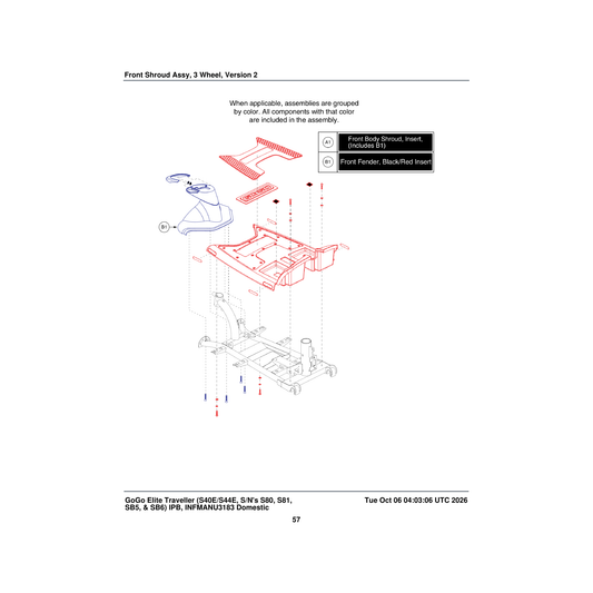 Pride Mobility SHDASMB6111 solid black front body shroud assembly with red inserts parts diagram