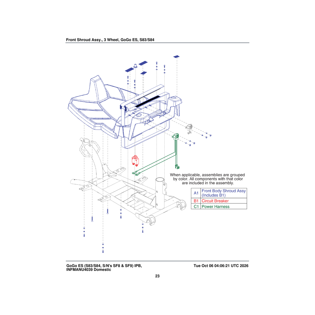 Pride Mobility SHDASMB6187 front body shroud assembly 3 wheel parts diagram
