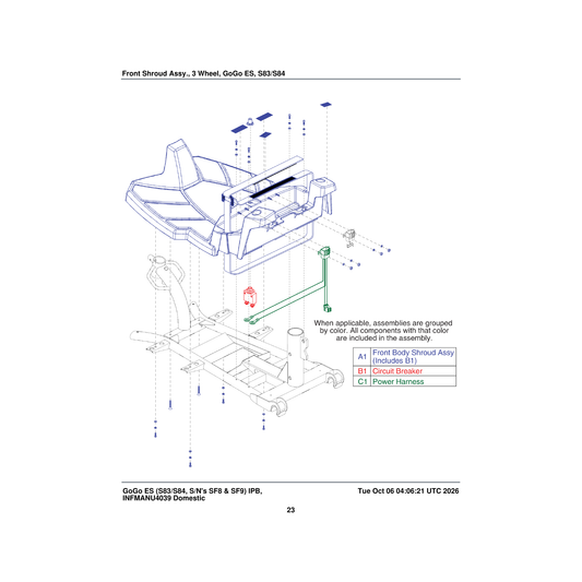Pride Mobility SHDASMB6187 front body shroud assembly 3 wheel parts diagram