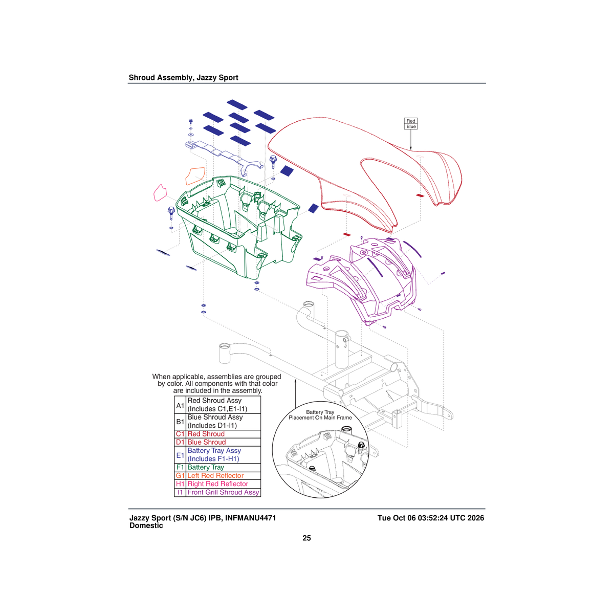 Pride Mobility SHDASMB6212 blue shroud assembly solid color with battery tray & black grill select elite parts diagram