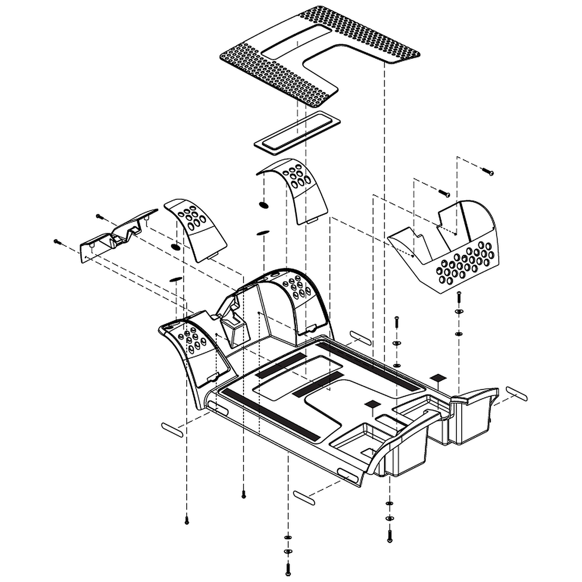 Pride Mobility (SHDASMB6243), solid black front body shroud assembly with red inserts and a blank floor mat for 4-wheel Go-Go Elite Traveller scooters.