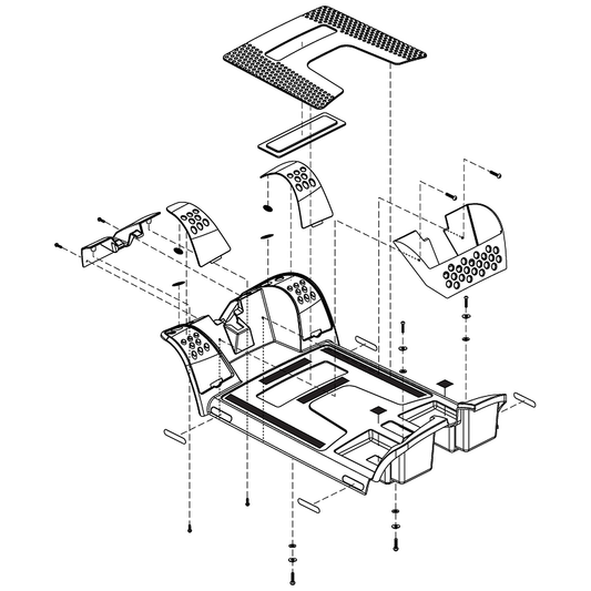 Pride Mobility (SHDASMB6243), solid black front body shroud assembly with red inserts and a blank floor mat for 4-wheel Go-Go Elite Traveller scooters.